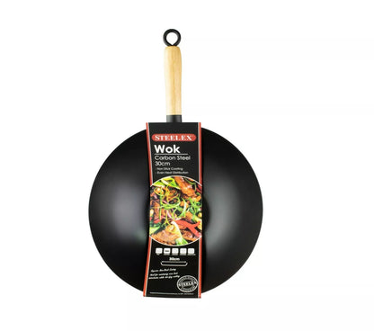30cm Non Stick Wok Deep Frying Pan Carbon Steel Large Stir Fry Pan Cooking Kadai