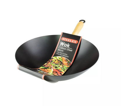30cm Non Stick Wok Deep Frying Pan Carbon Steel Large Stir Fry Pan Cooking Kadai