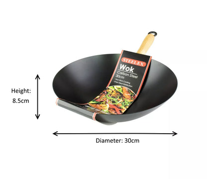 30cm Non Stick Wok Deep Frying Pan Carbon Steel Large Stir Fry Pan Cooking Kadai