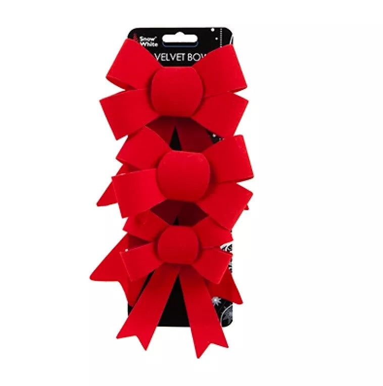 3pk Red Velvet Bows Christmas Tree Decoration 13cm Gift Wrap