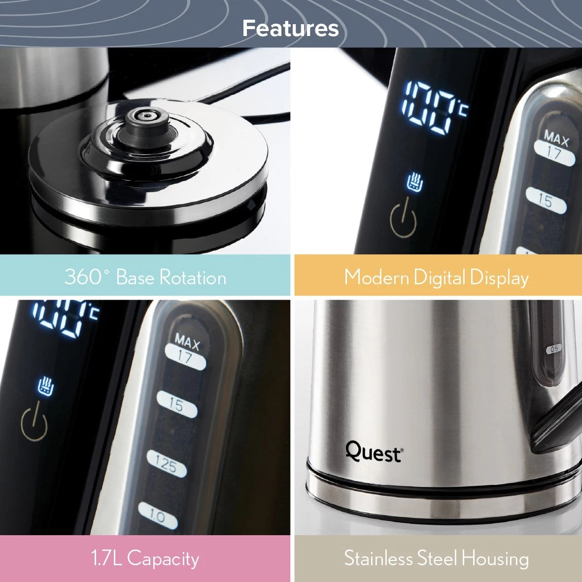 Quest Stainless Steel Fast Boil Kettle with Digital Display / 1.7L Capacity
