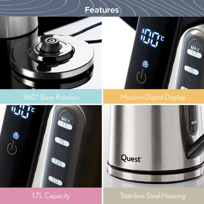 Quest Stainless Steel Fast Boil Kettle with Digital Display / 1.7L Capacity