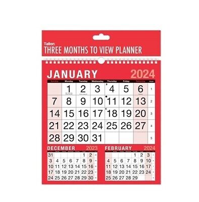 2024 Hanging Calendar Three Month to View Spiral Bound Wall Planner Red & Black