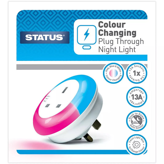 Status White, Pink & Blue Colour Changeable LED Night Light with Plug Through Socket