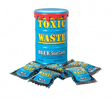 Baril de bonbons acidulés Toxic Waste bleu