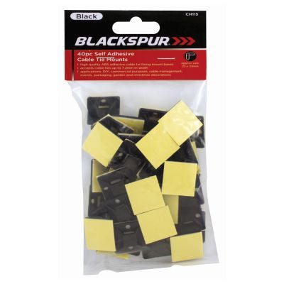 BLACKSPUR LOT DE 40 SUPPORTS AUTO-ADHÉSIFS NOIRS POUR SERRE-CÂBLES - 23 X 23 MM