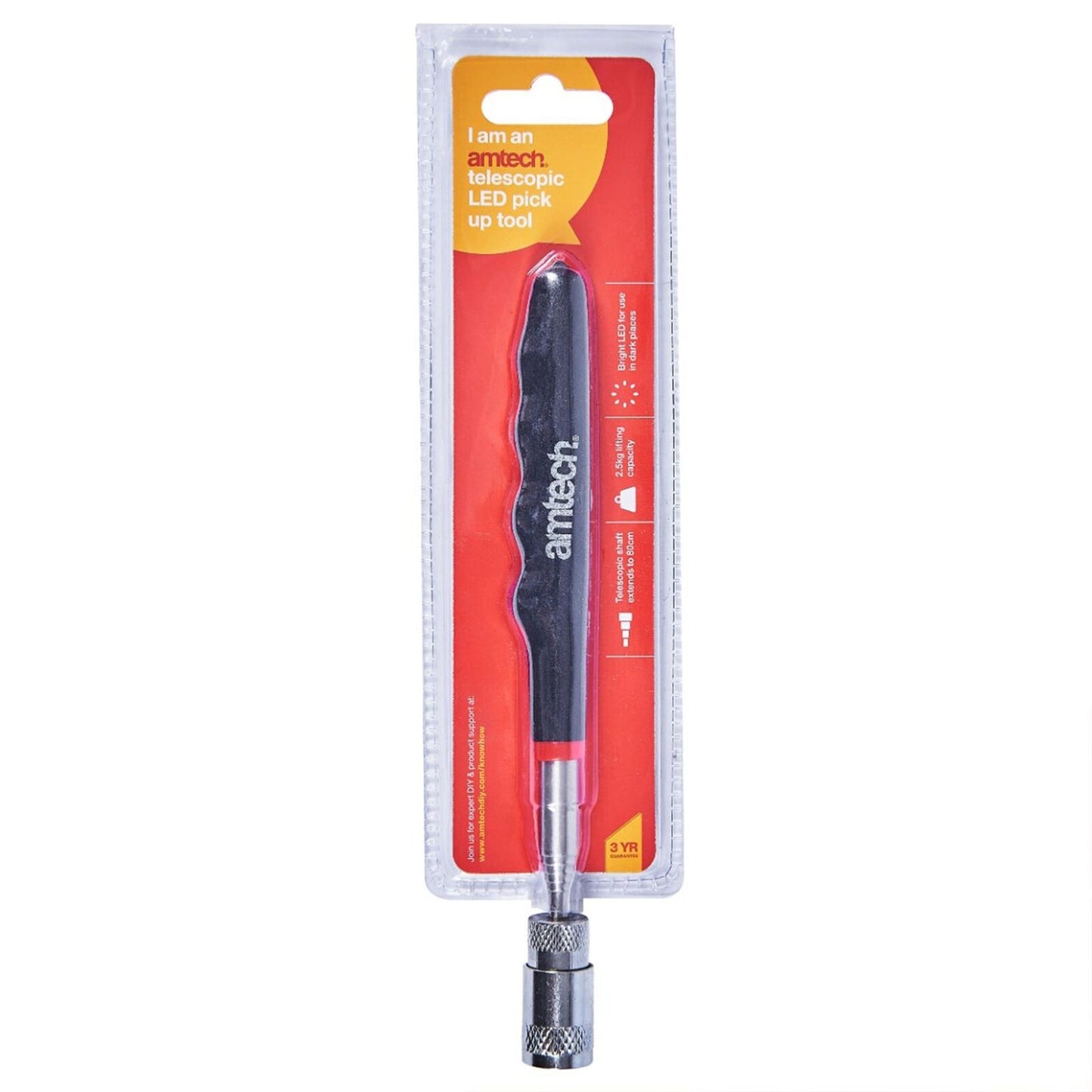 Outil de ramassage télescopique magnétique Amtech avec LED - Capacité de levage de 2,5 kg (5,5 lb)