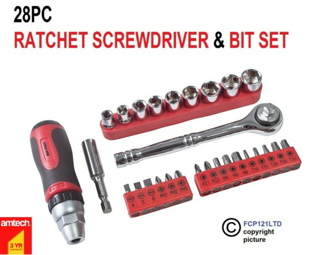 TOURNEVIS À CLIQUET ET JEU D'EMBOUTS AMTECH 28 PIÈCES