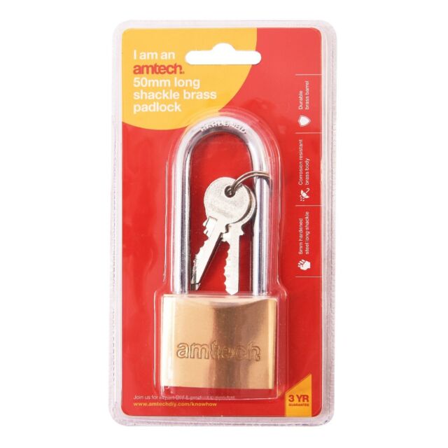 AMTECH  PADLOCK BRASS LONG SHACKLE 50MM